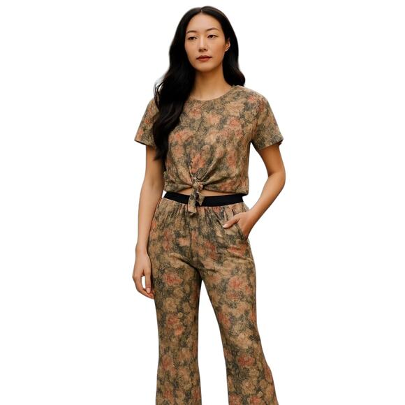 Rouge Mesh Floral Bell Bottom Pants Set Tie Front Crop Top Boho‎ Women's Size 1X - Picture 1 of 13